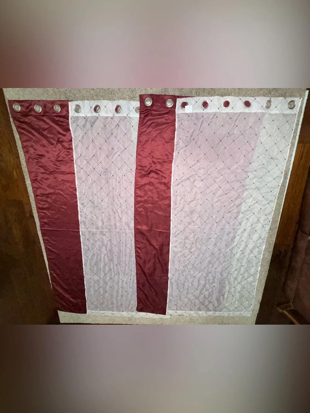 BH&G Maroon Embroidered Lattice Sheer & Twill Weave 4 Piece Curtain Set 84 inch!